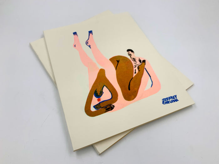 A hand-printed photo shows two overlapping art prints on a white surface, featuring abstract human figures in earthy and pink tones. Blue details accentuate the figures, with a signature in the bottom right corner, reminiscent of styles from Jeffrey Cheung - 2019 Catalog by Jeffrey Cheung.