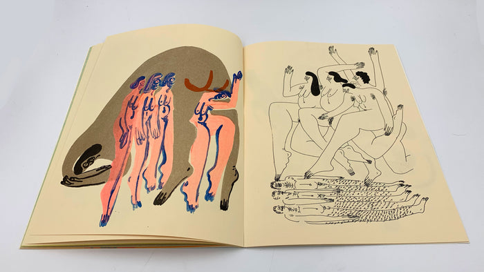 The Jeffrey Cheung - 2019 Catalog by Jeffrey Cheung is an open, hand-bound art book featuring abstract, stylized nude human figures in pink, brown, and blue on the left page—echoing Cheung’s signature vibrant aesthetic—paired with bold black line drawings of nude figures in dynamic poses on the right page, reminiscent of risograph printing techniques.