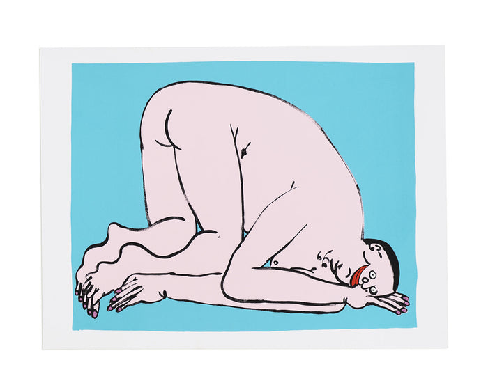 The Closer print by Jeffrey Cheung is a stylized illustration featuring a nude person crouched on the floor against a blue background. Depicted with short hair and hands near their face in bold outlines and minimal detail, this exclusive artist edition is signed and numbered for authenticity.