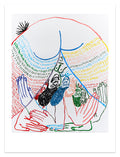 The Hello II print by Jeffrey Cheung features an abstract figure bending over with colorful outlines and patterns on a plain white background. The hands have multicolored, face-like designs. This archival pigment print is part of a signed and numbered limited edition.