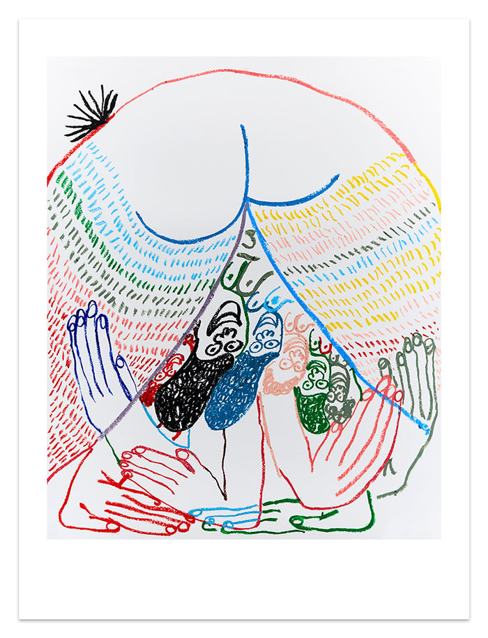 The Hello II print by Jeffrey Cheung features an abstract figure bending over with colorful outlines and patterns on a plain white background. The hands have multicolored, face-like designs. This archival pigment print is part of a signed and numbered limited edition.
