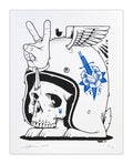 The Full Speed print by Jeremy Fish showcases a skull in a helmet with a winged hand making a peace sign. A blue fist with a syringe is on the helmet, and a small bird perches on the hand. This signed edition uses vibrant water-based inks for detailed artwork.