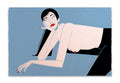 A limited edition screenprint titled "Attempt" by Jillian Evelyn features a stylized illustration of a topless woman with black hair and red nails, reclining with her head resting on her hand against a blue background. Printed on Coventry Rag, each piece is signed and numbered by the artist.