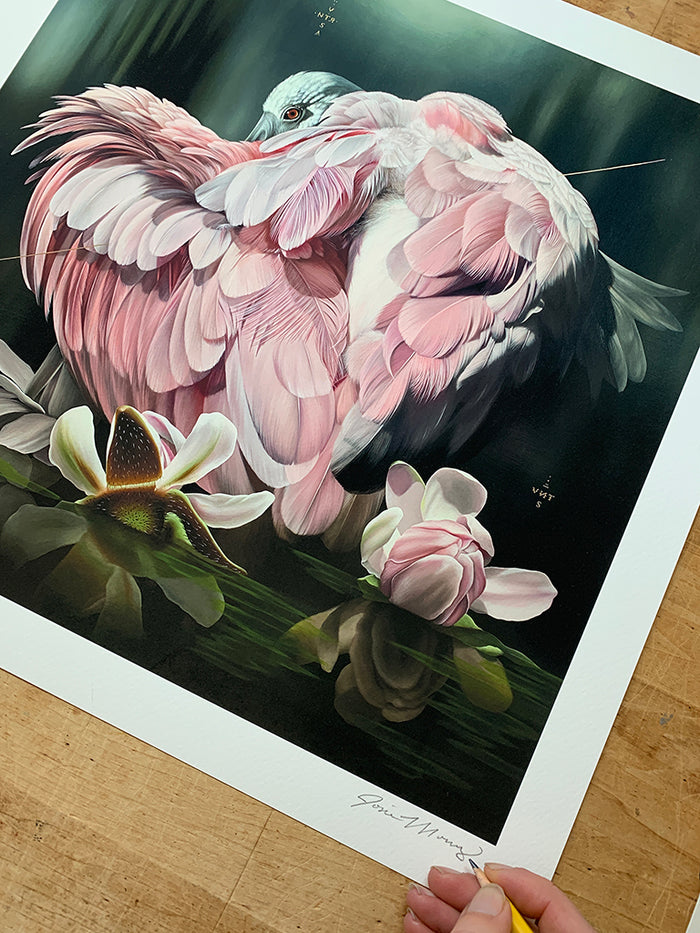 A hand signs a limited edition archival pigment print titled "Watershed" by Josie Morway, which features a bird with pink and white feathers surrounded by flowers against a dark, blurred background. The signed and numbered Josie Morway print rests on a wooden surface.