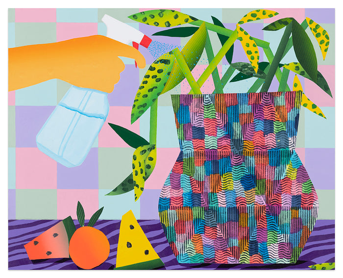 In Karen Lederer's "Spray" print, a hand spritzes water onto a leafy potted plant amid a lively, patterned room. On the table rest a watermelon slice, pineapple wedge, and an orange, set against a pastel checkerboard background. This vibrant scene is expertly rendered as an archival pigment print with hand deckled edges by Karen Lederer, ensuring artistry and durability in each limited edition piece.