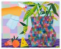 In Karen Lederer's "Spray" print, a hand spritzes water onto a leafy potted plant amid a lively, patterned room. On the table rest a watermelon slice, pineapple wedge, and an orange, set against a pastel checkerboard background. This vibrant scene is expertly rendered as an archival pigment print with hand deckled edges by Karen Lederer, ensuring artistry and durability in each limited edition piece.