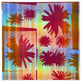 A vibrant print from Karen Lederer titled "Untitled 21," featuring a grid of small blue squares layered with bold red floral forms against dynamic, rainbow-hued backgrounds, evoking the artist’s signature monoprint style.
