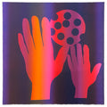 Two hands, evoking Untitled 8 by Karen Lederer, reach towards a circular holed object against a vibrant orange-pink-purple gradient background.