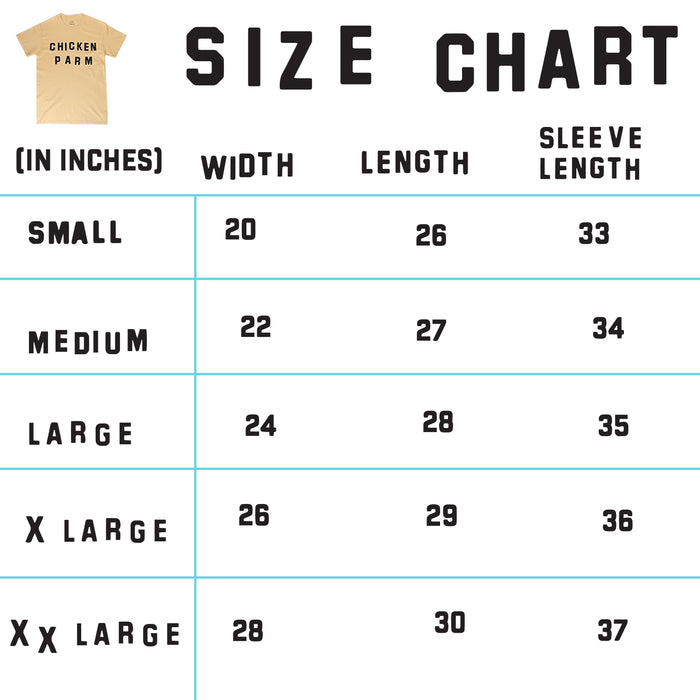 Size chart for a Katie Kimmel - "Big Cup of Drink" cotton t-shirt showing measurements in inches: Small to XX Large with width, length, and sleeve length listed in a table. A tan shirt with "Big Cup of Drink" text is pictured above the chart.