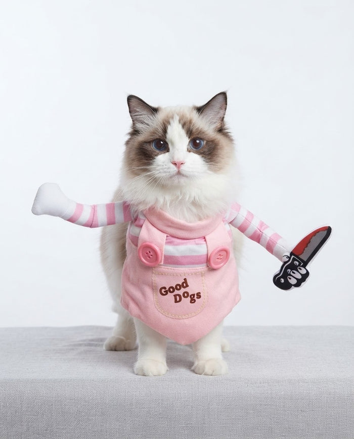 Cat wearing pink killer doll costume