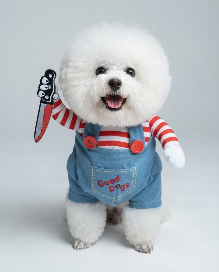 Small dog wearing killer doll Halloween costume