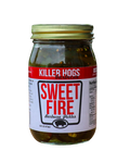 Killer Hogs Sweet Fire Barbecue Pickles jar with gold lid, 16 fl oz, dark brine with pickle pieces