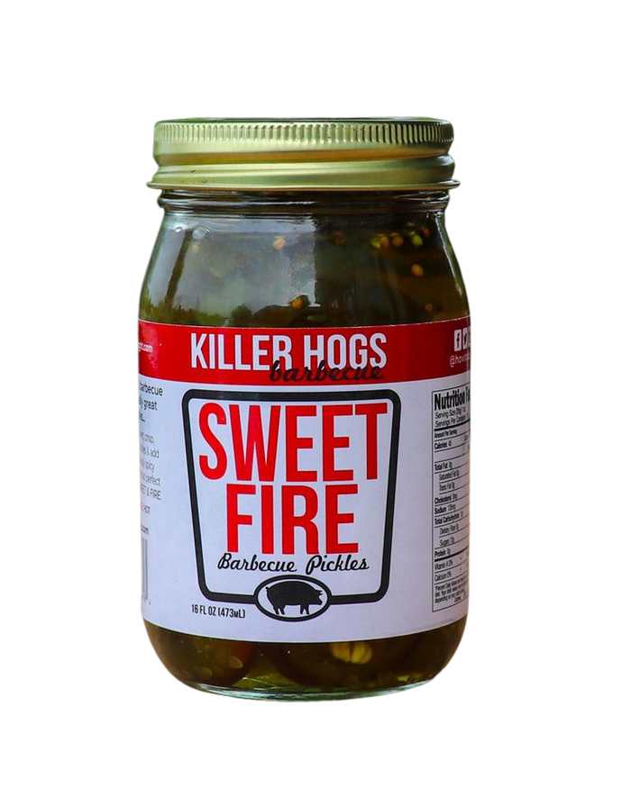 Killer Hogs Sweet Fire Barbecue Pickles jar with gold lid, 16 fl oz, dark brine with pickle pieces