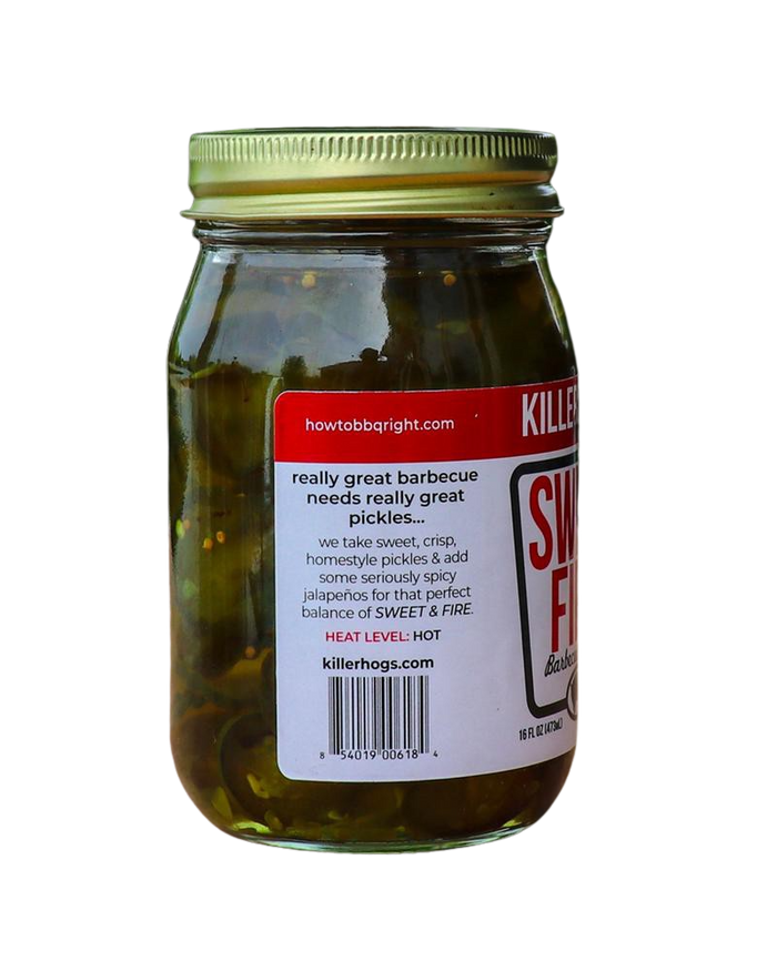 Killer Hogs Sweet Fire BBQ pickle jar with green glass, metal lid, and product label describing spicy jalapeno pickle blend