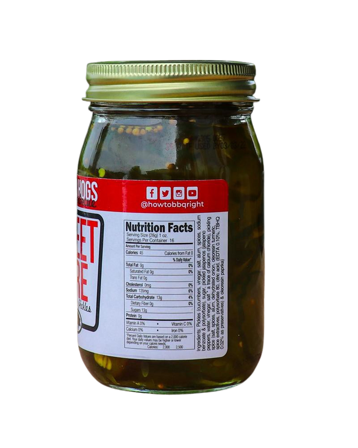 Glass jar of pickled jalapeños with metal lid and nutrition label, dark green contents visible inside