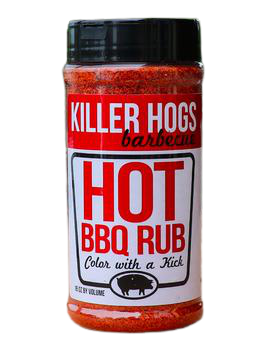 Killer Hogs Hot BBQ Rub spice shaker with red and white label and black cap