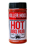 Killer Hogs Hot BBQ Rub spice shaker with red and white label and black cap