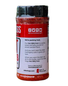 Hot BBQ rub seasoning in red cylindrical shaker container with black lid