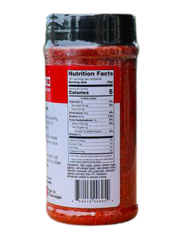 Red BBQ dry rub seasoning shaker bottle with black cap and nutrition facts label