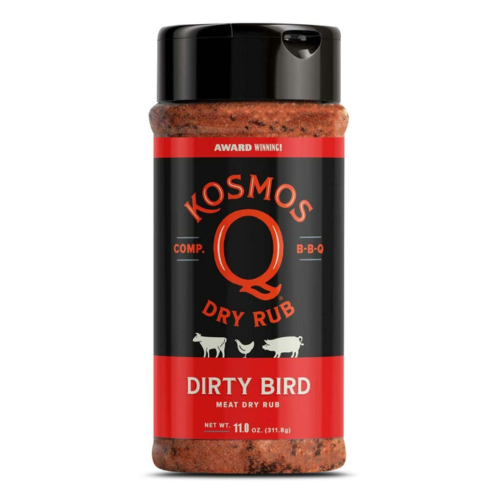Kosmos Q Dirty Bird BBQ dry rub shaker bottle with black and red label, 11.0 oz