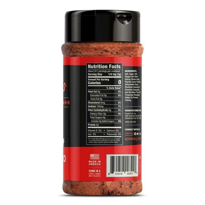 Kosmo's BBQ Dirty Bird dry rub spice shaker with black cap and red label band, front view