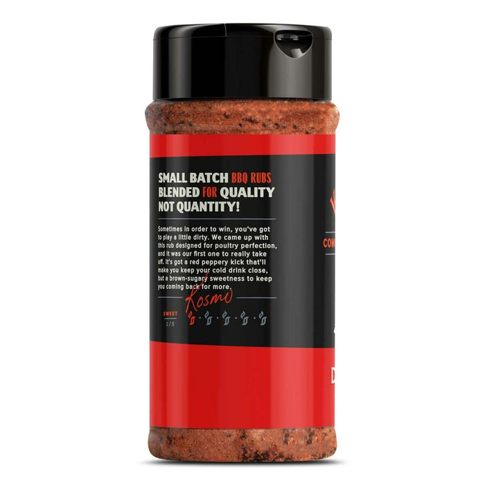 Kosmo's Q Dirty Bird BBQ rub shaker bottle with red and black label, small batch spice blend for grilling