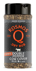 Kosmo's Q award-winning double pepper coarse BBQ dry rub in black shaker bottle, 10 oz