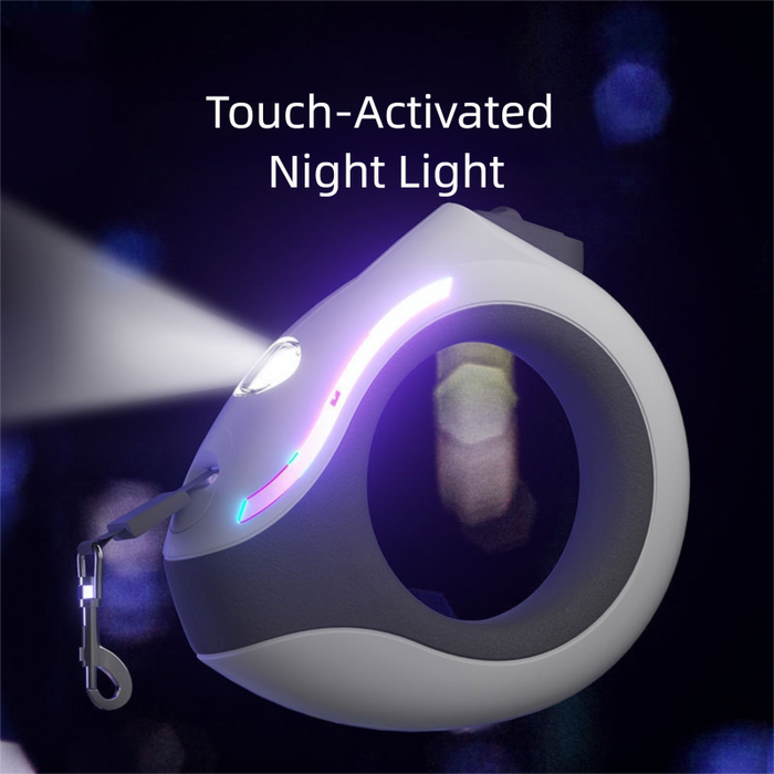 Laisse rétractable mains libres anti-nœuds à 360° avec lumière intégrée et ruban en nylon résistant de 3 m.
