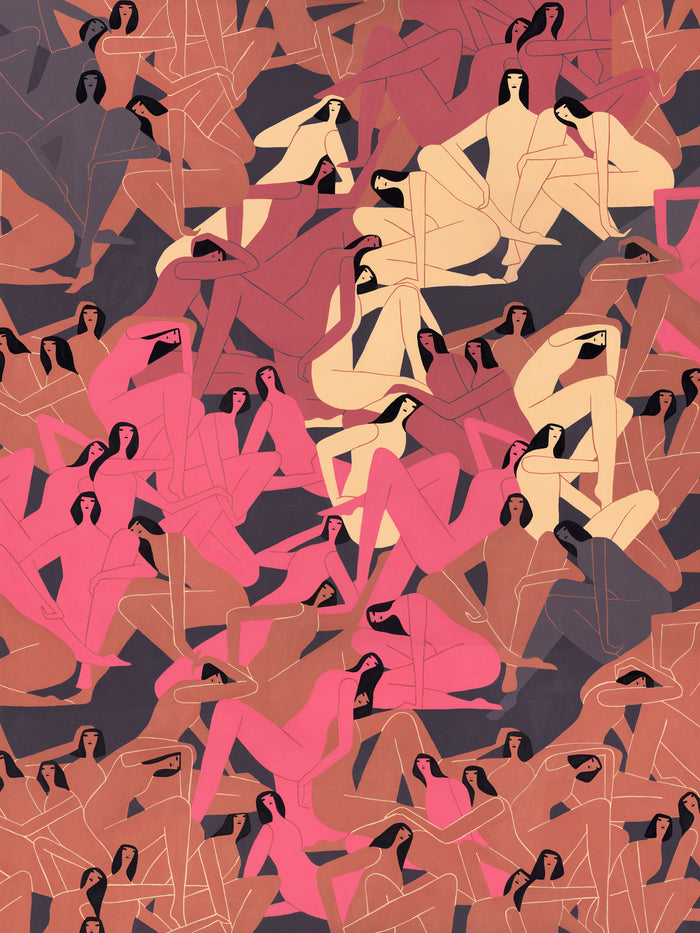 The limited edition Sentient print by Laura Berger is a 30 x 40 archival pigment print featuring abstract female figures in pink, beige, and brown. Simple line outlines against a dark backdrop create a harmonious, patterned aesthetic.