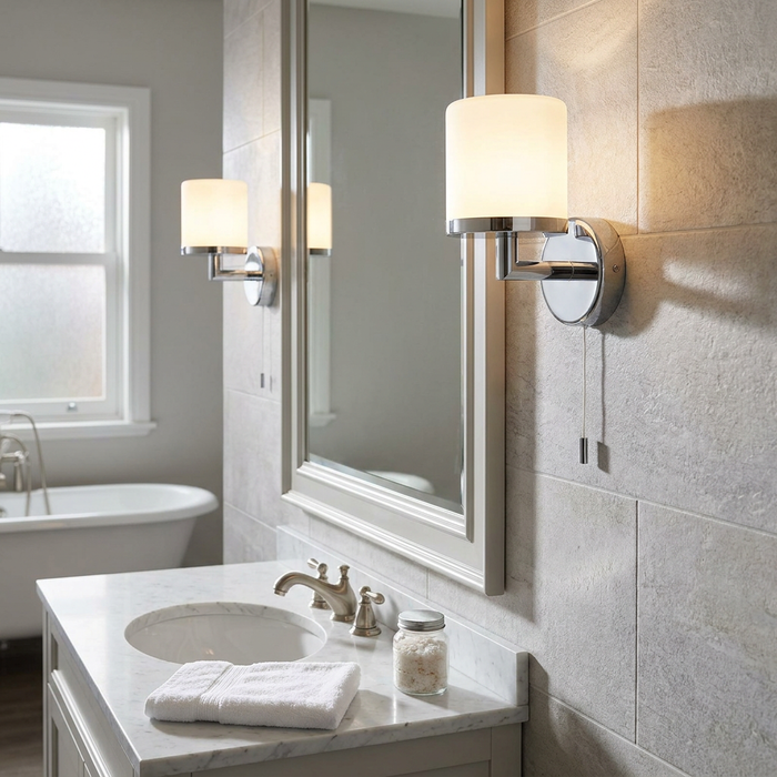 Chrome bathroom wall light with a glowing opal glass shade mounted on a tiled wall beside a large mirror.