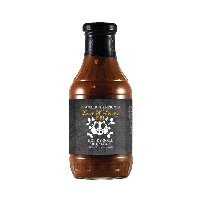 Loot N Booty Honey Gold BBQ Sauce bottle with black cap and brown glass, front label view