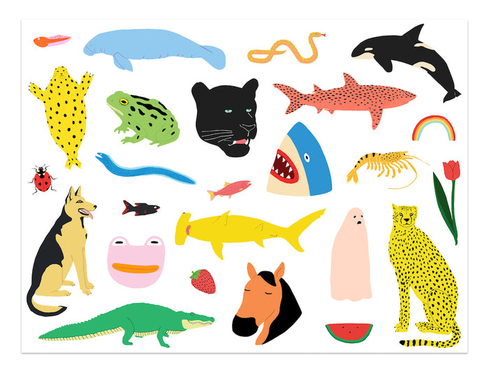 The Better Together print by Lorien Stern is a vibrant collage of colorful, stylized animals and objects on a white background, including a manatee, panther, shark, frog, and snake. This artwork is available as a signed and numbered edition using archival pigment print techniques.
