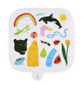 The Lorien Stern "One of a Kind Potholder #2" is an 8" x 8" white cloth square by artist Lorien Stern, designed in 2020. This vibrant potholder features colorful illustrations of a rainbow, dolphin, sun, panther, tulip, snake, frog, pear, shark, ant, ladybug, mantis, flower, and two playful cartoon figures—capturing a whimsical array of nature and fun.