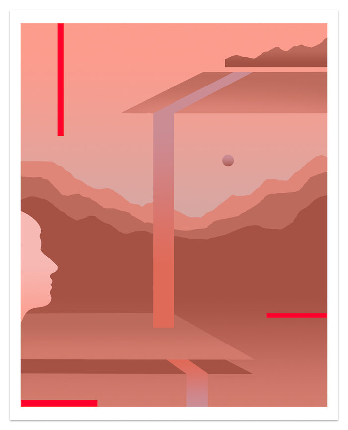 The Alectrona print by Madeleine Tonzi is a signed and numbered abstract work featuring a minimalist human profile facing a geometric structure with a floating sphere, set against layered mountains in brown and pink hues, highlighted by striking red lines.