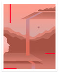 The Alectrona print by Madeleine Tonzi is a signed and numbered abstract work featuring a minimalist human profile facing a geometric structure with a floating sphere, set against layered mountains in brown and pink hues, highlighted by striking red lines.