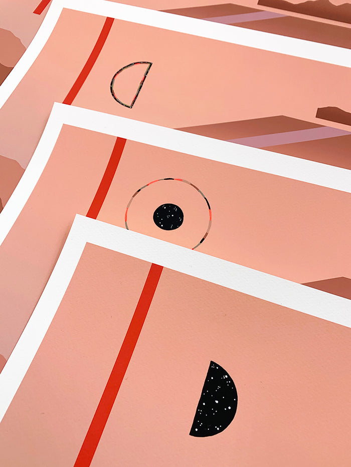 The Alectrona print by Madeleine Tonzi features minimalist abstract art in a signed and numbered edition with geometric shapes including a red line, half-circle, and solid black circle on a peach background.