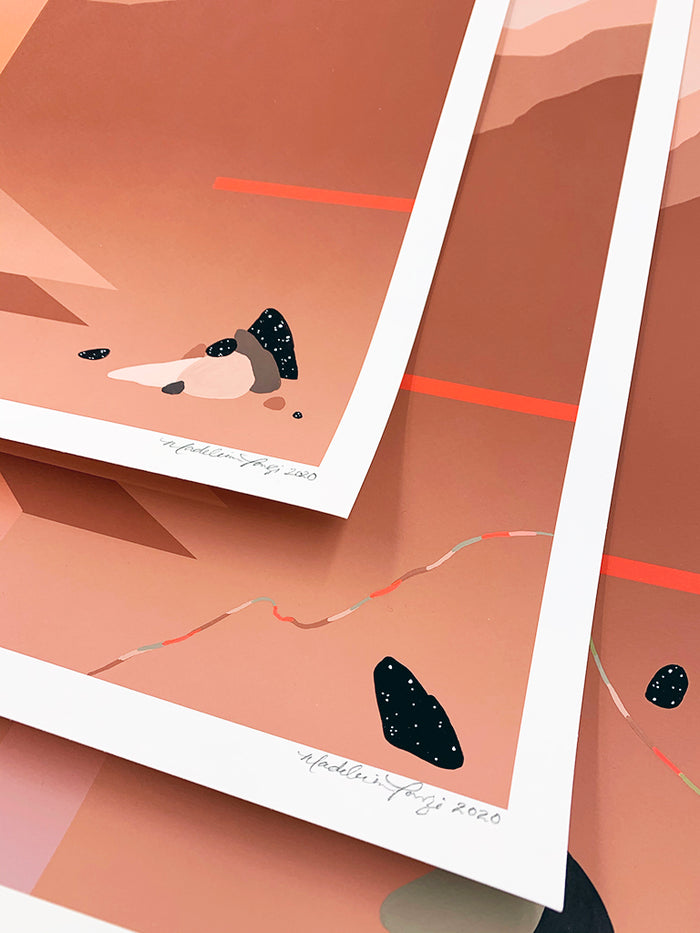 The Alectrona print by Madeleine Tonzi is an archival pigment print from 2020, featuring abstract art in earthy browns and oranges. It includes geometric shapes with black speckles, a white border, and comes as a signed and numbered edition.