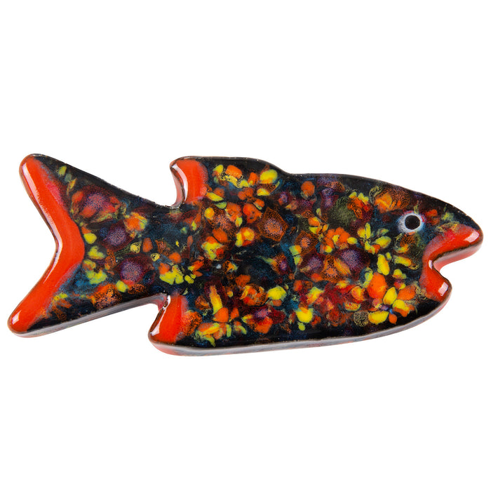 The Magic Waters Fish 2 by Lorien Stern, from Hashimoto Contemporary, is a colorful ceramic piece featuring vibrant red edges and a mosaic of yellow, orange, and dark colors. Its whimsical design includes an open mouth and single eye.