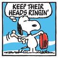 Mark Drew’s limited edition screen print, "Keep Their Heads Ringin' (Dr. Dre)", features Snoopy holding a bone and a red lunchbox beneath a thought bubble reading KEEP THEIR HEADS RINGIN’, set against a blue sky. Each piece is signed, numbered, and finished with deckled edges for an artful touch.