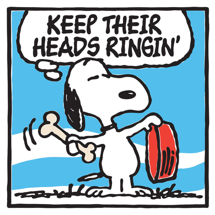 Mark Drew’s limited edition screen print, "Keep Their Heads Ringin' (Dr. Dre)", features Snoopy holding a bone and a red lunchbox beneath a thought bubble reading KEEP THEIR HEADS RINGIN’, set against a blue sky. Each piece is signed, numbered, and finished with deckled edges for an artful touch.