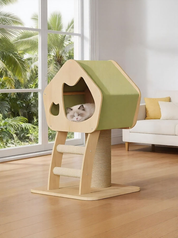 Modern Wooden Cat Condo with Scratching Post - FloofChonk