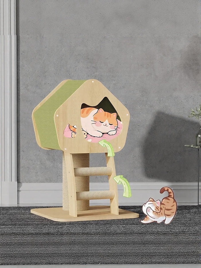 Modern Wooden Cat Condo with Scratching Post - FloofChonk