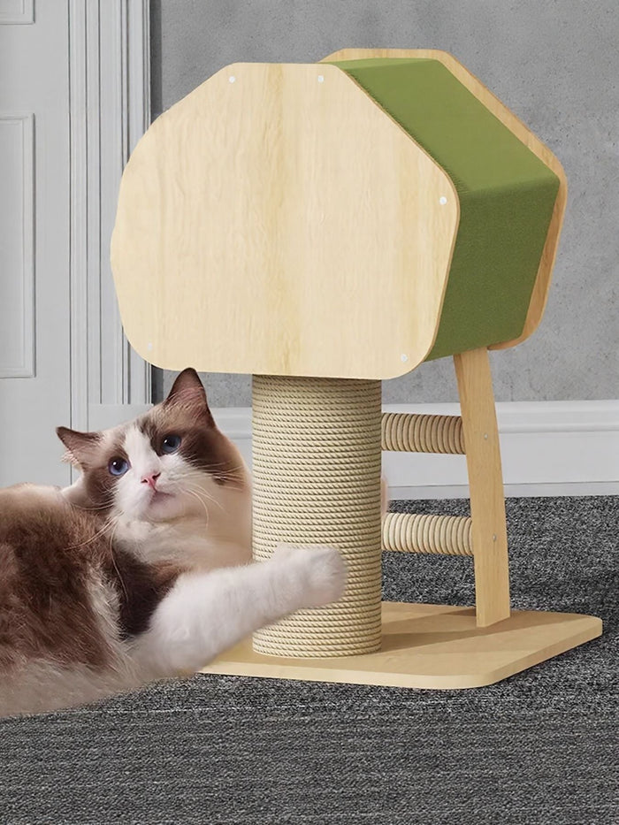Modern Wooden Cat Condo with Scratching Post - FloofChonk