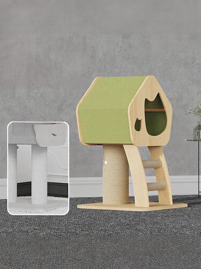 Modern Wooden Cat Condo with Scratching Post - FloofChonk