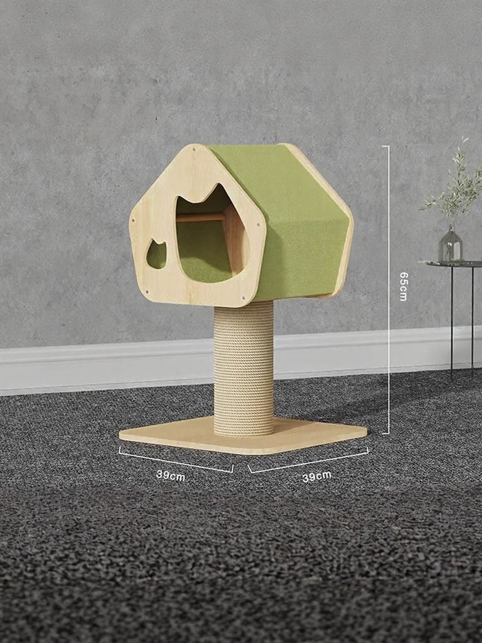 Modern Wooden Cat Condo with Scratching Post - FloofChonk