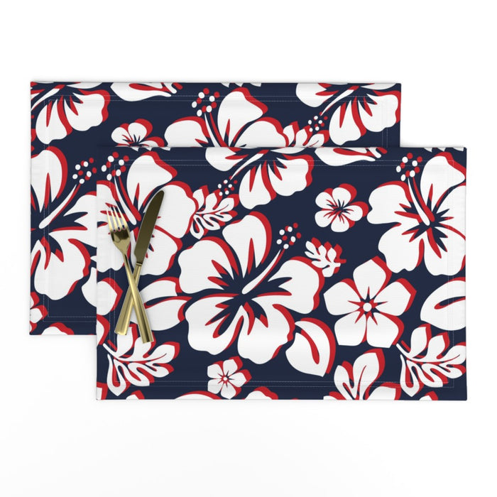 Navy Blue, White and Red Hawaiian Flowers Placemats - Extremely Stoked® Eco Luxe Beach Home Decor