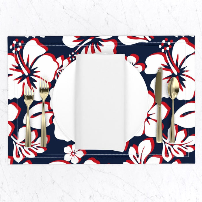 Navy Blue, White and Red Hawaiian Flowers Placemats - Extremely Stoked® Eco Luxe Beach Home Decor