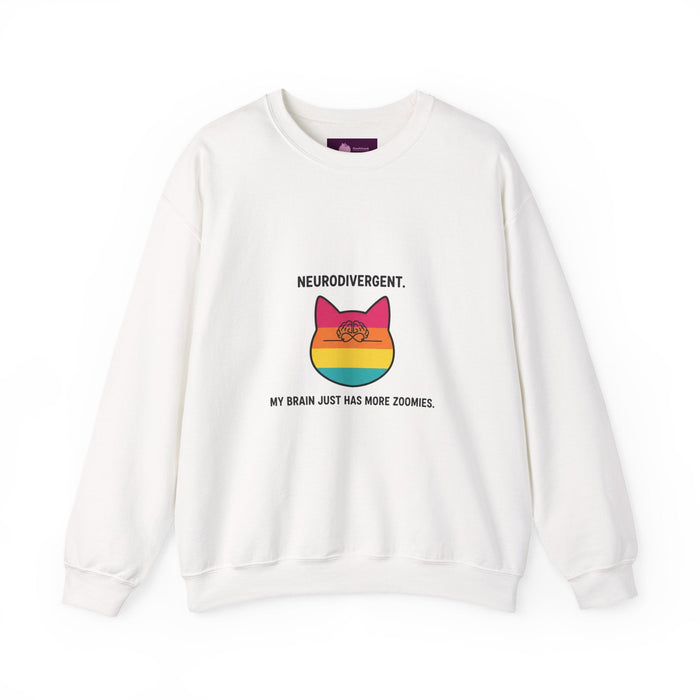 Neurodivergent Rainbow Cat Crewneck Sweatshirt — “My Brain Just Has More Zoomies” - FloofChonk