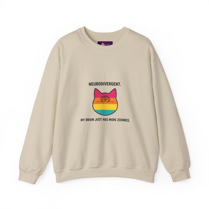 Neurodivergent Rainbow Cat Crewneck Sweatshirt — “My Brain Just Has More Zoomies” - FloofChonk