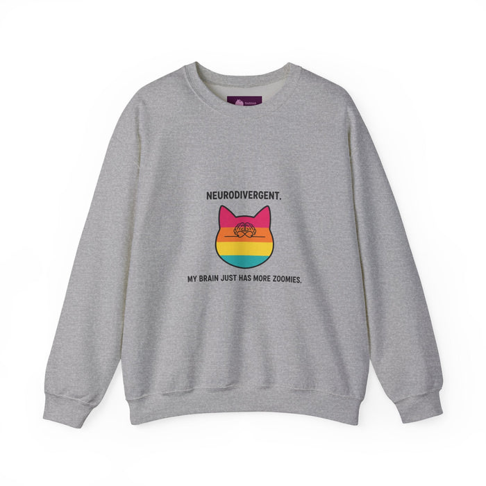 Neurodivergent Rainbow Cat Crewneck Sweatshirt — “My Brain Just Has More Zoomies” - FloofChonk